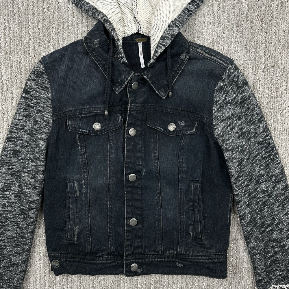 Free People Denim Knit Sweater Jacket With Removable Hoodie Women's Size Small - Picture 2 of 10